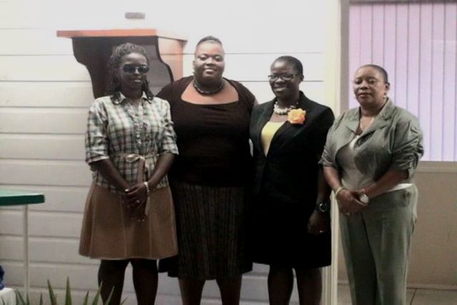 (l-r) Librarian at the Charlestown Secondary School and Secretary of the Nevis School Librarians Association Mrs. Dion Hanley, Teacher Librarian and President of the Nevis School Librarians Association Ms. Londa Browne, Project Officer for School Libraries on Nevis Mrs. Marva Roberts and Director of Libraries Mrs. Sonita Daniel.